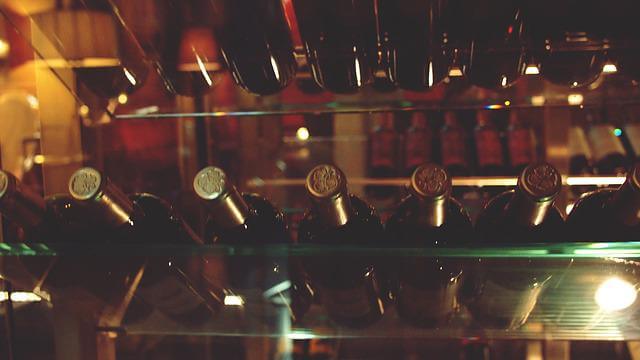 Bottiglie dentro refrigeratore per vini